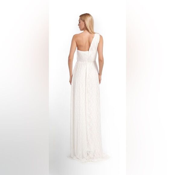 JEWEL Badgley Mischa dress One-Shoulder White lace Gown front slit Sz 10 NWT - Picture 3 of 16